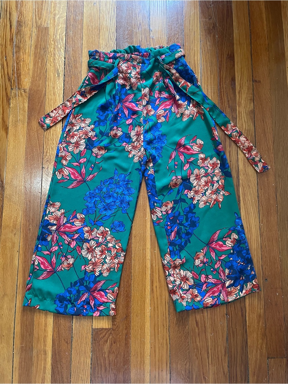 stradivarius Teal Floral Wide-Leg Tie-Waist Pants